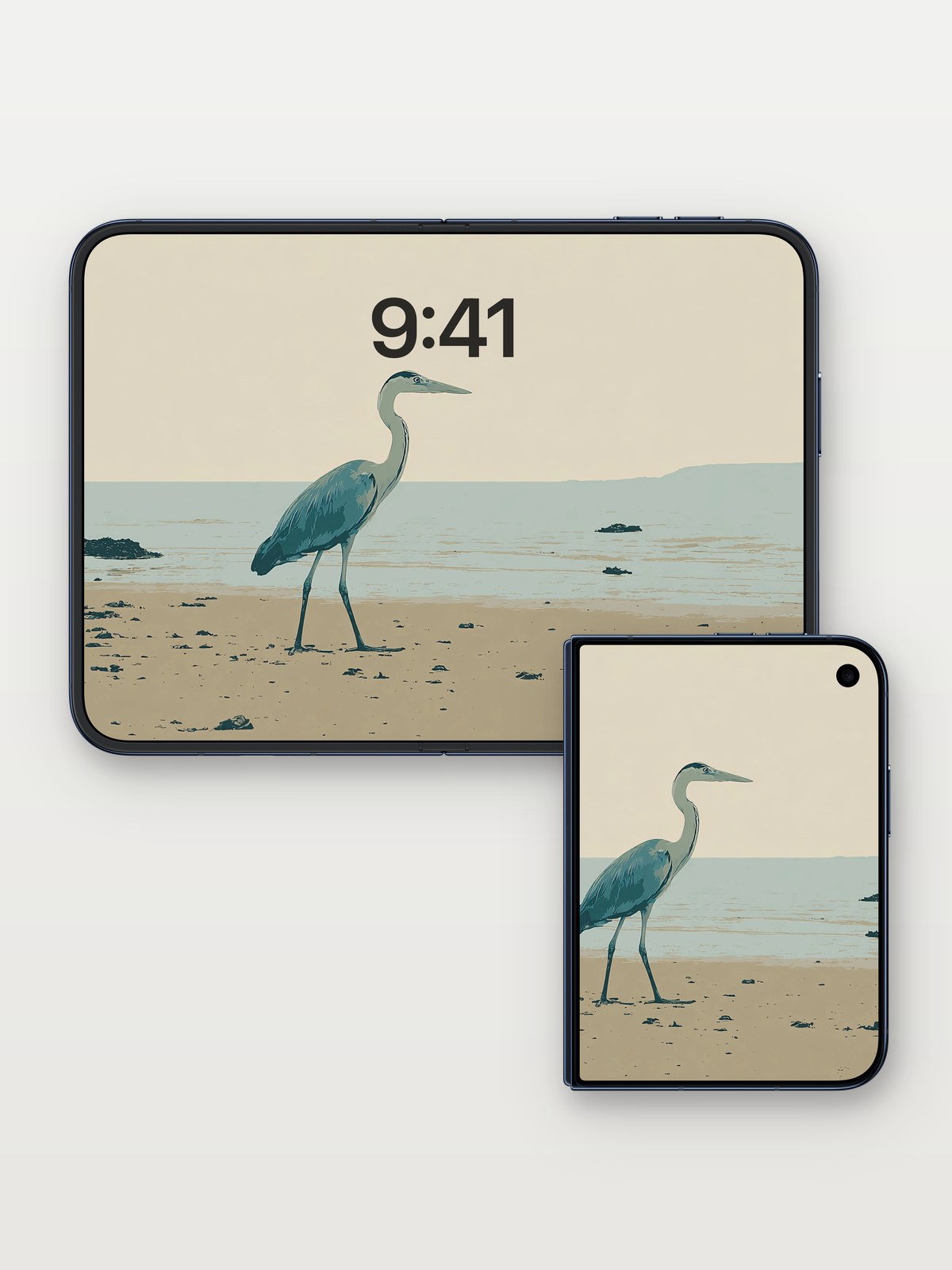 Tranquil Shoreline Sentinel Wallpaper on iPhone Duo, open and closed