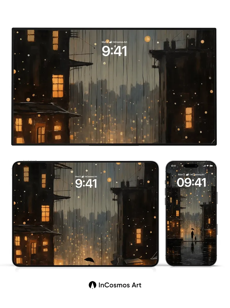 Rainlit Reverie Wallpaper with Floating Orbs