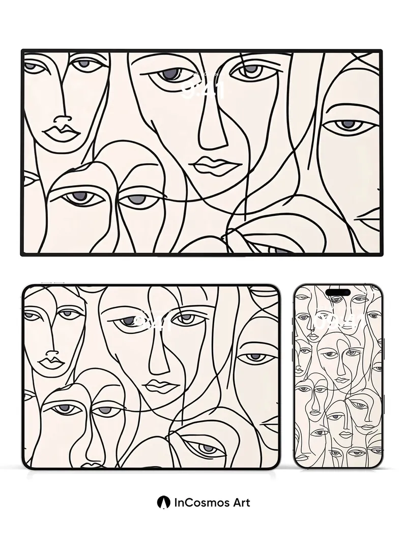 Whispering Faces Wallpaper with Interwoven Lines