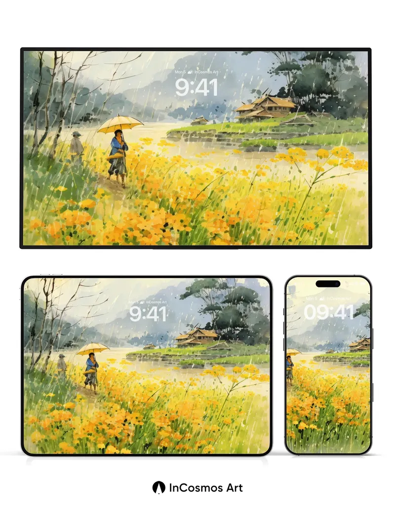 Serenity Rainfall Wallpaper with Golden Fields