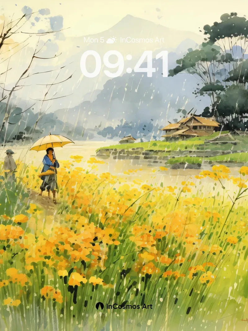 Serenity Rainfall Wallpaper with Golden Fields