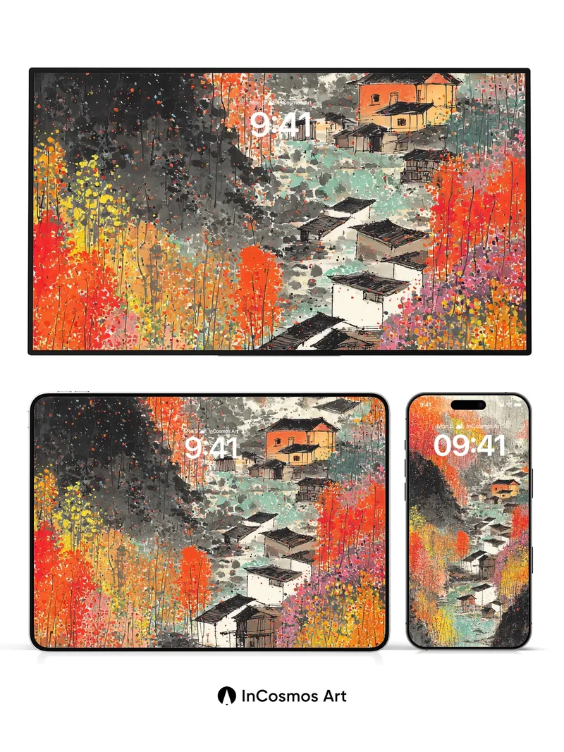 Autumn Whispers Wallpaper with Ink-Blot Mountains