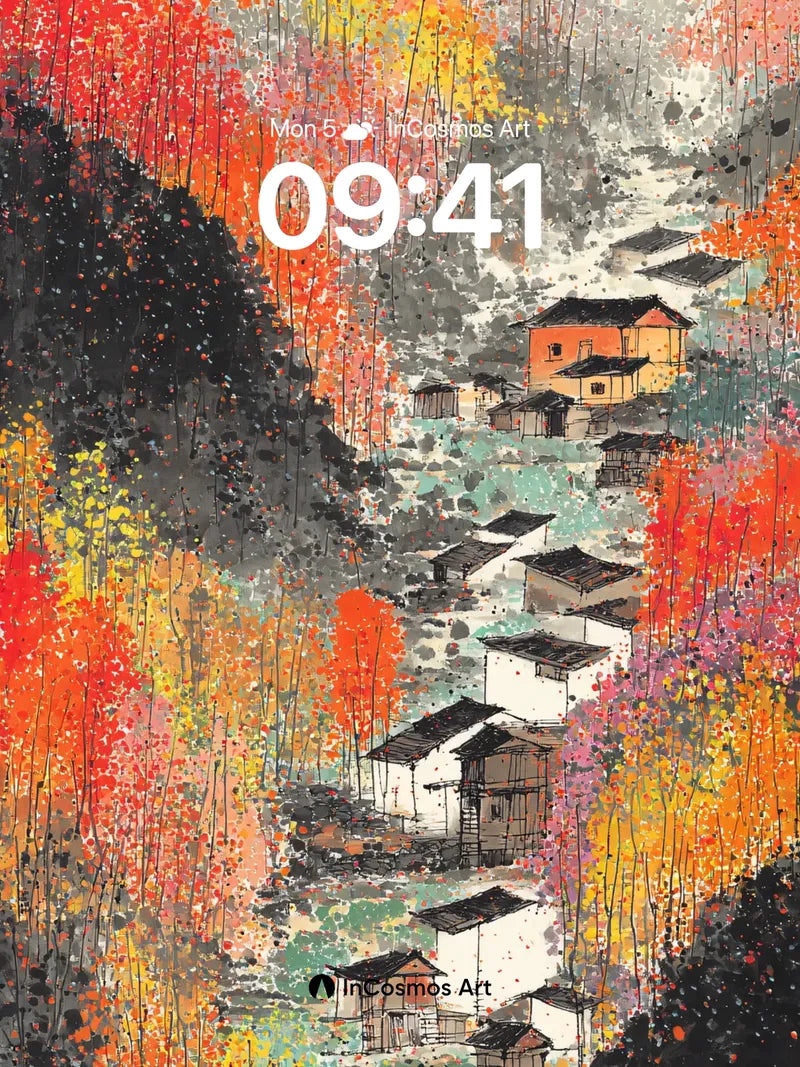 Autumn Whispers Wallpaper with Ink-Blot Mountains