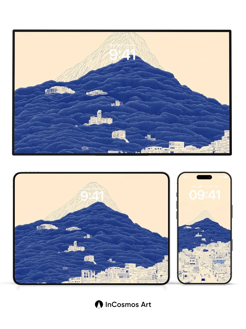 Serene Summit Wallpaper with Inked Waves