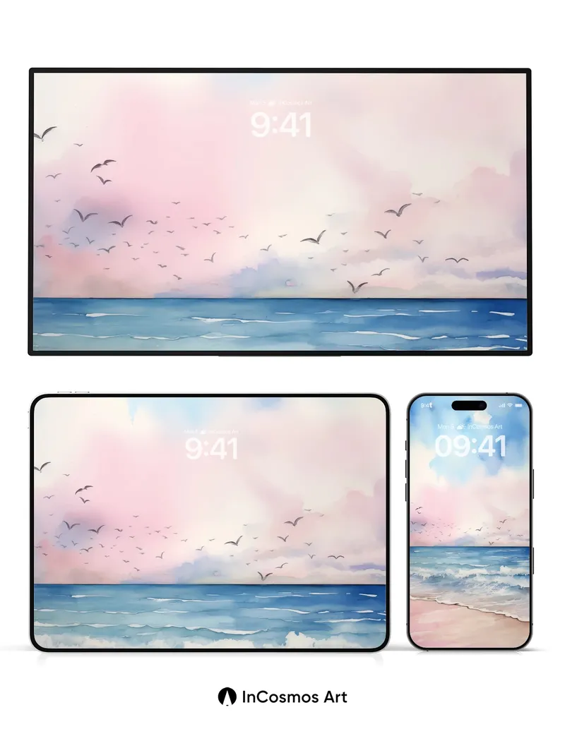 Serene Horizon Wallpaper with Seagull Flight