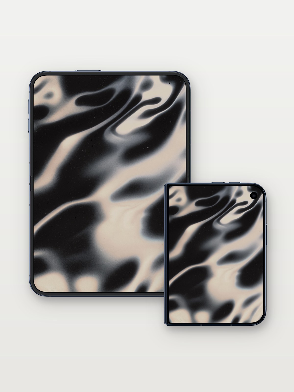 Liquid Shadow Wallpaper with Ethereal Veins on iPhone Duo, open and closed