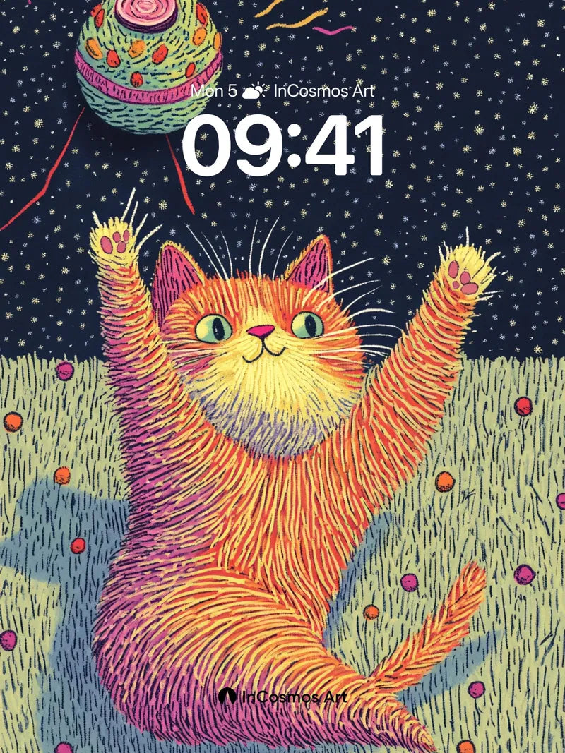 Whimsical Night Sky Wallpaper with Floating Cat Toy wallpaper for iPhone, iPad & Mac