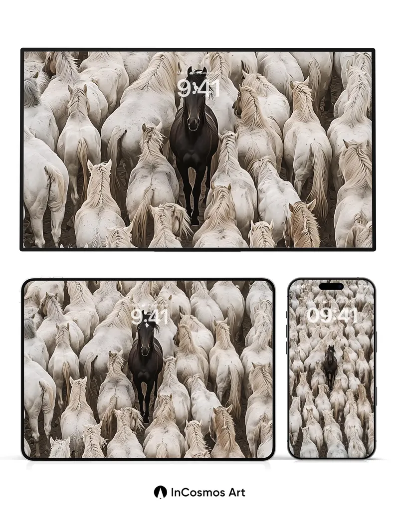 Solitary Shadow Wallpaper Among White Horses