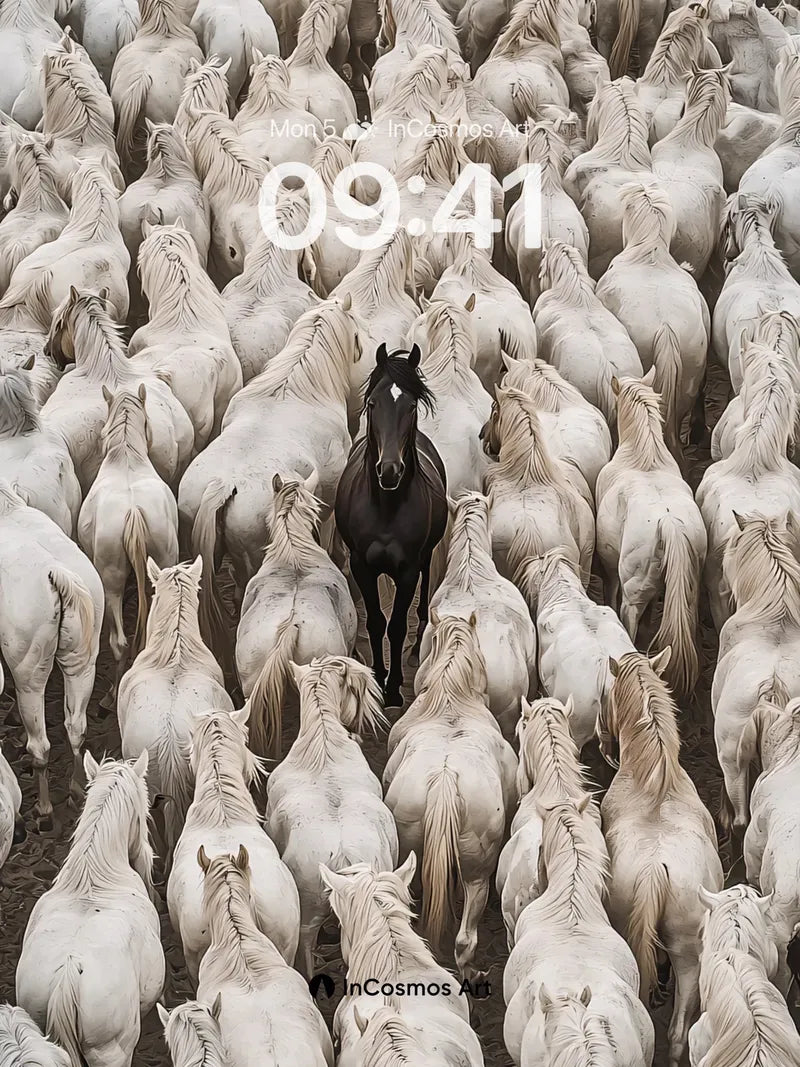 Solitary Shadow Wallpaper Among White Horses