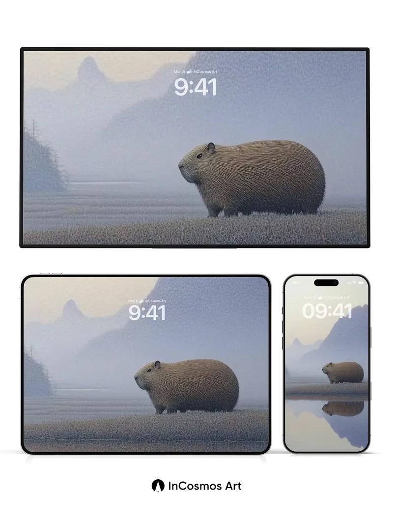 Misty Reflection Wallpaper with Capybara Serenity