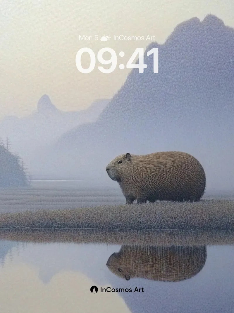 Misty Reflection Wallpaper with Capybara Serenity