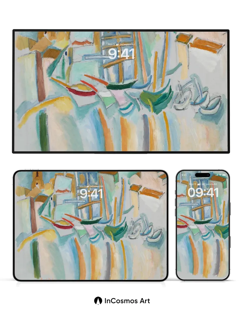 Cubist Harbor Wallpaper with Floating Boats