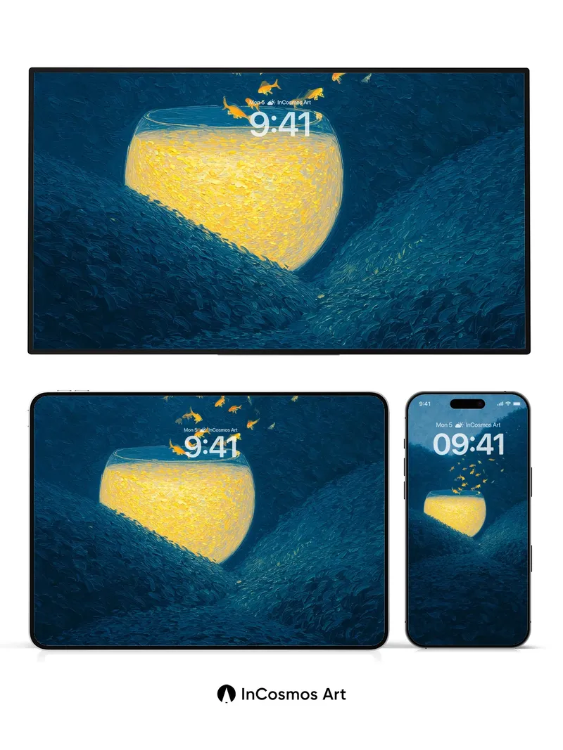 Luminous Abyss Wallpaper with Golden Fish Escape