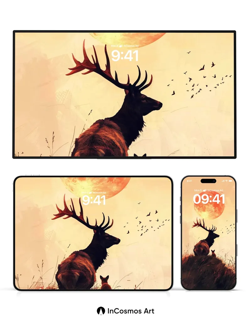 Serenity Stag Wallpaper with Crimson Moon