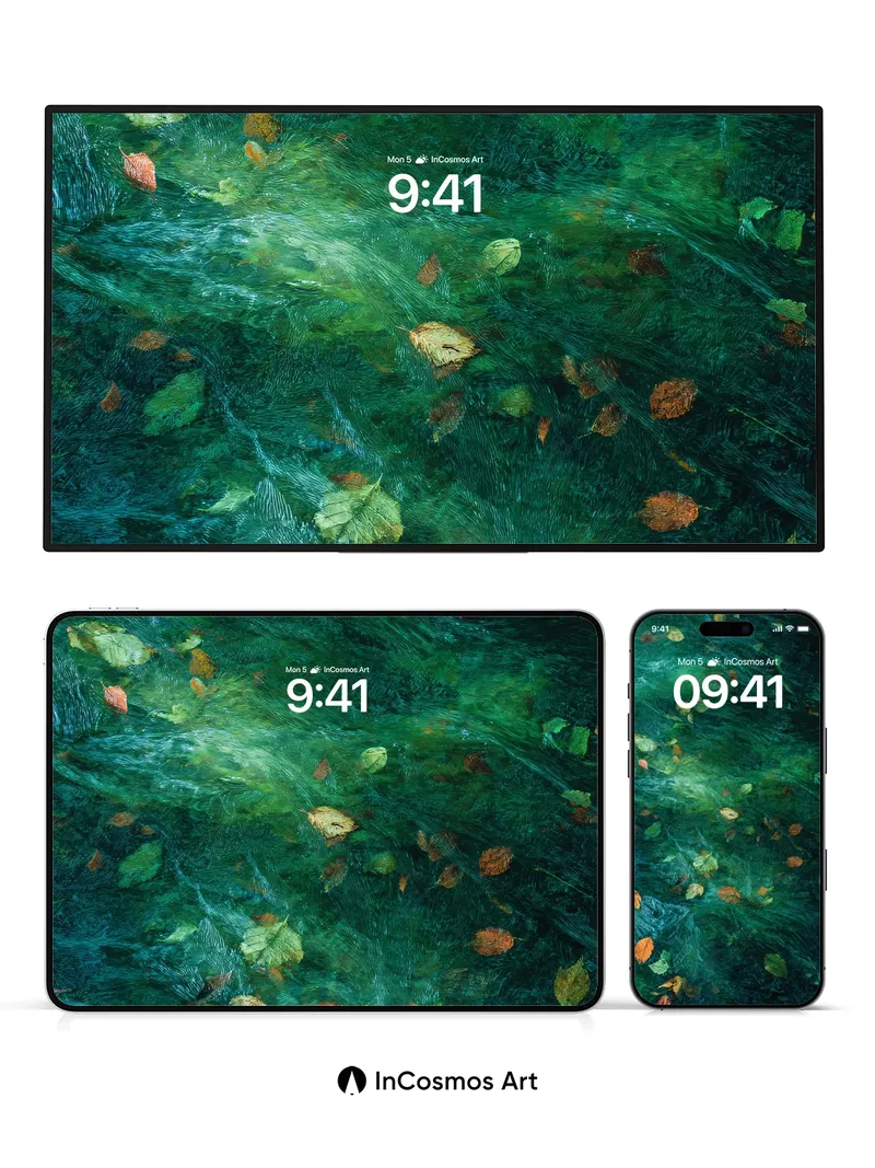 Emerald Current Wallpaper with Floating Leaves