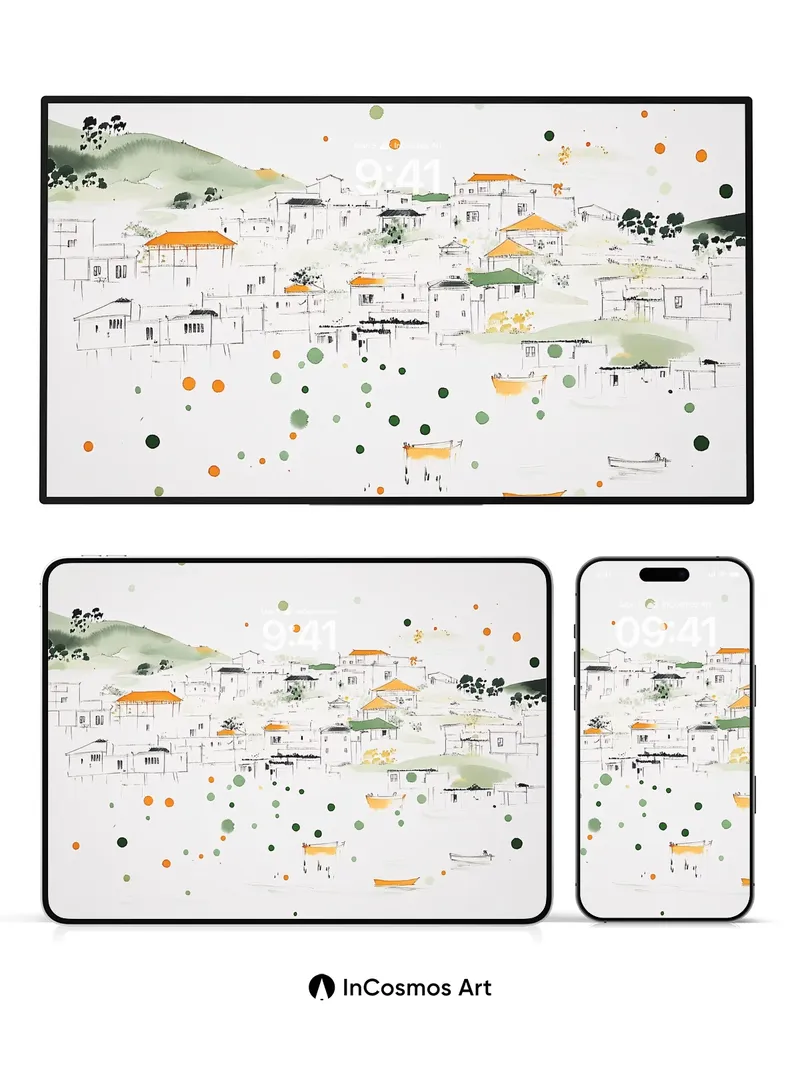 Serene Ink Village Wallpaper with Floating Dots