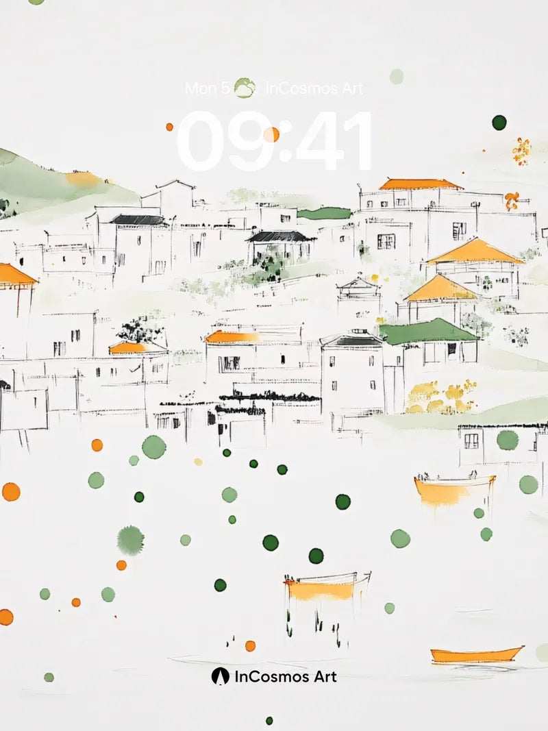 Serene Ink Village Wallpaper with Floating Dots