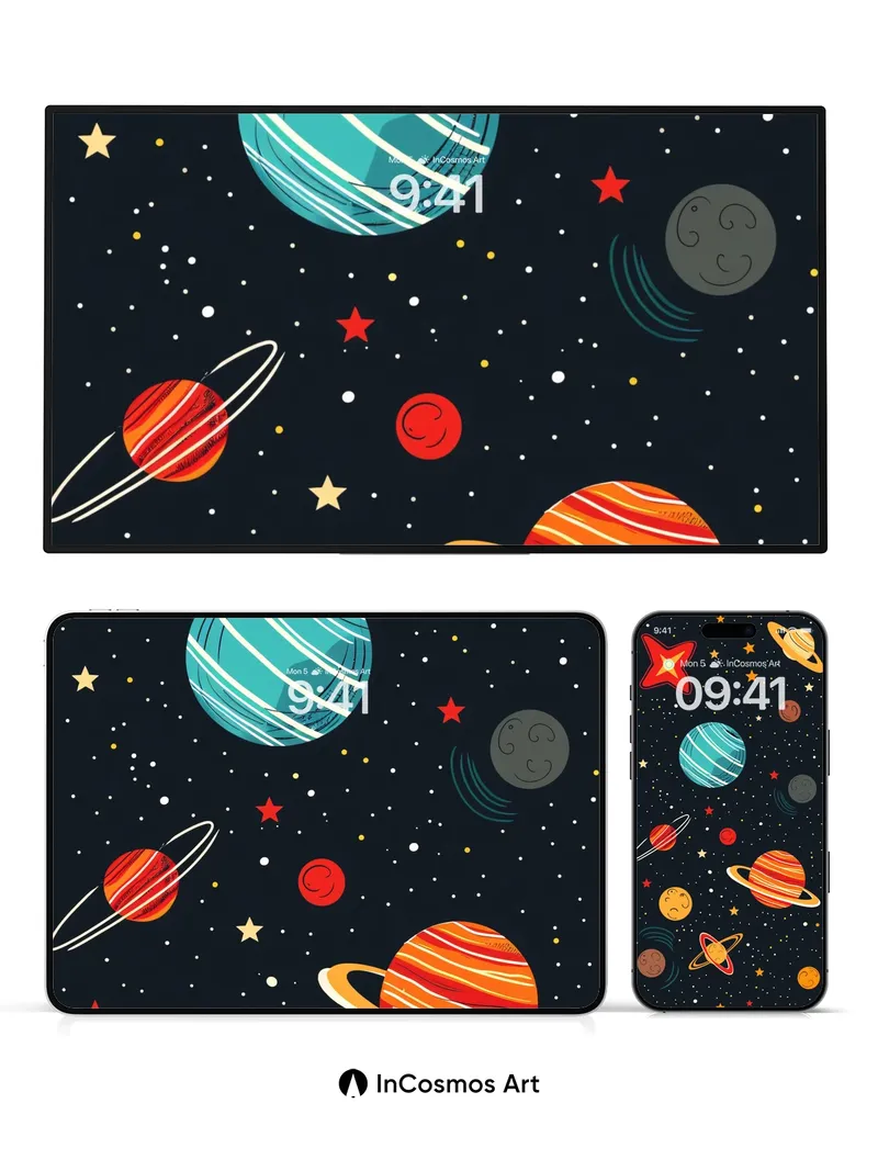 Whimsical Cosmos Wallpaper with Playful Planets