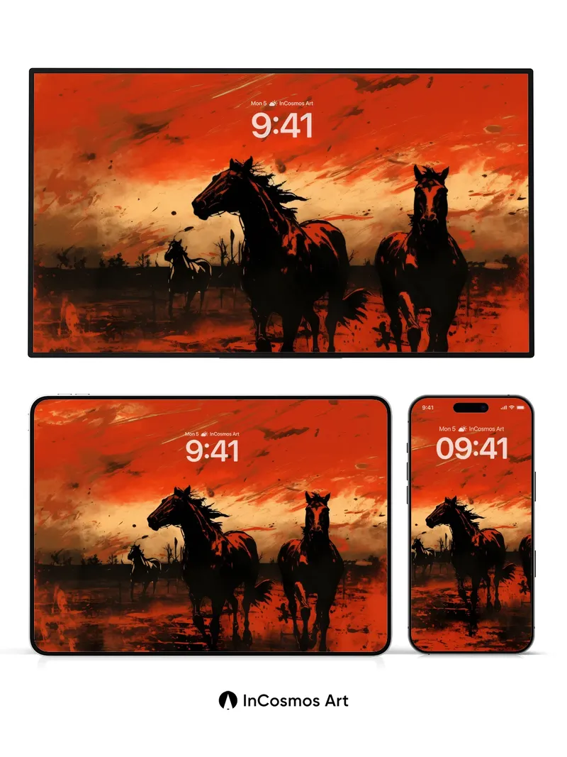 Crimson Mirage Wallpaper with Wild Horses
