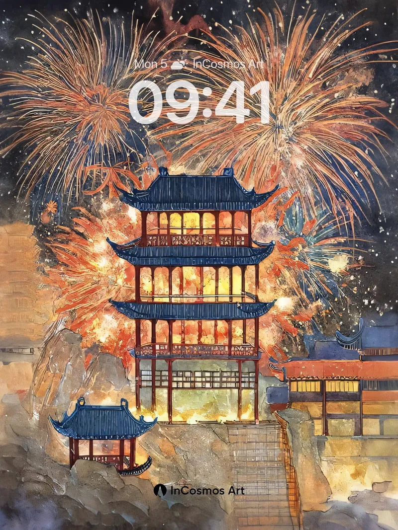 Celestial Firework Wallpaper with Floating Pagoda