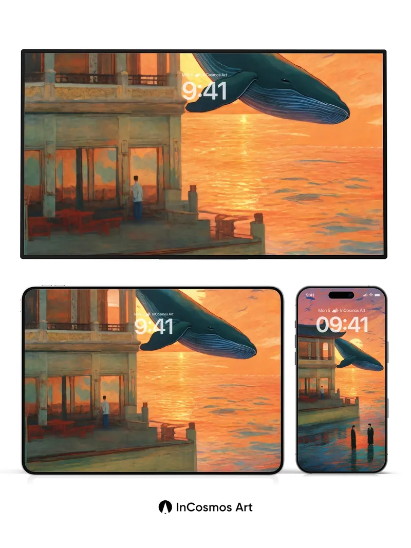 Surreal Sunset Wallpaper with Floating Whale