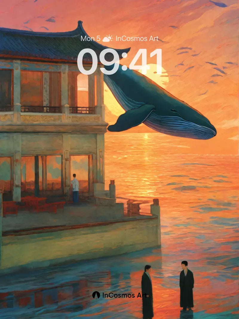 Surreal Sunset Wallpaper with Floating Whale