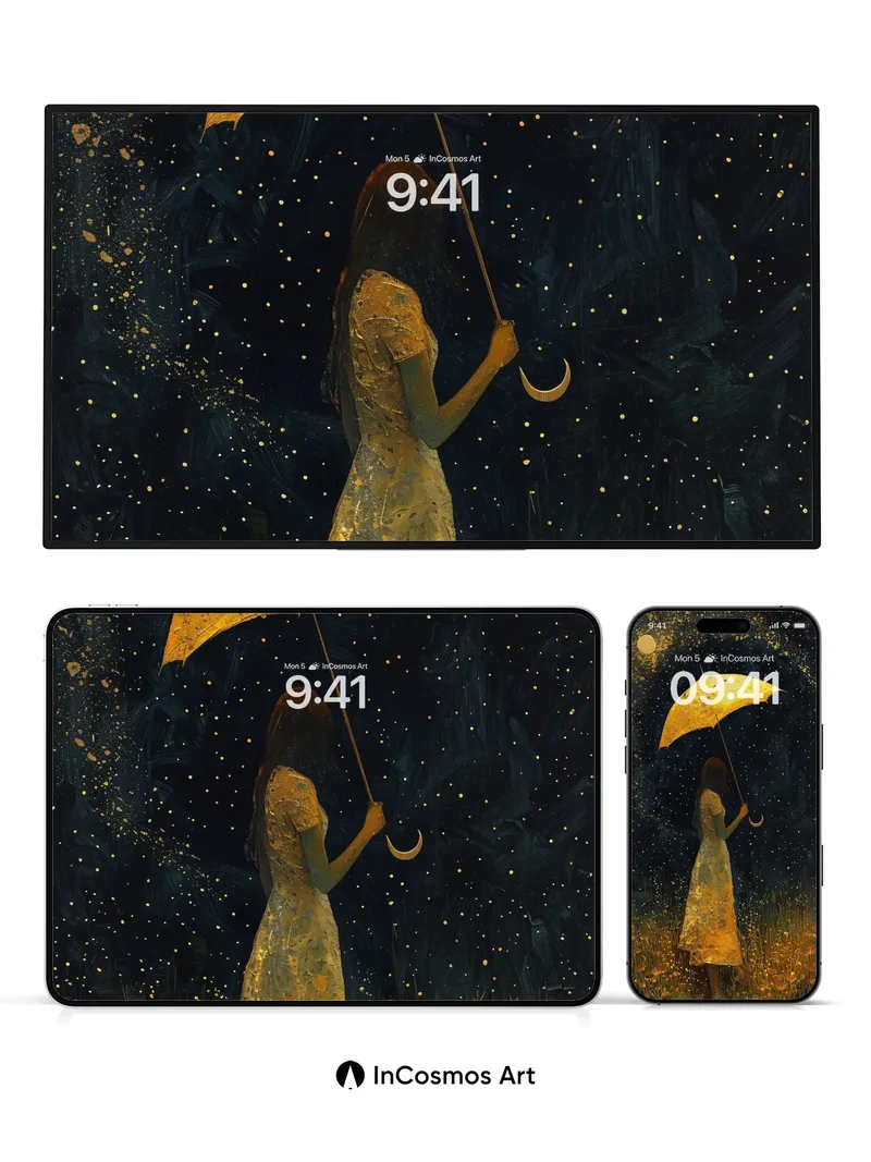 Golden Reverie Wallpaper with Starlit Umbrella