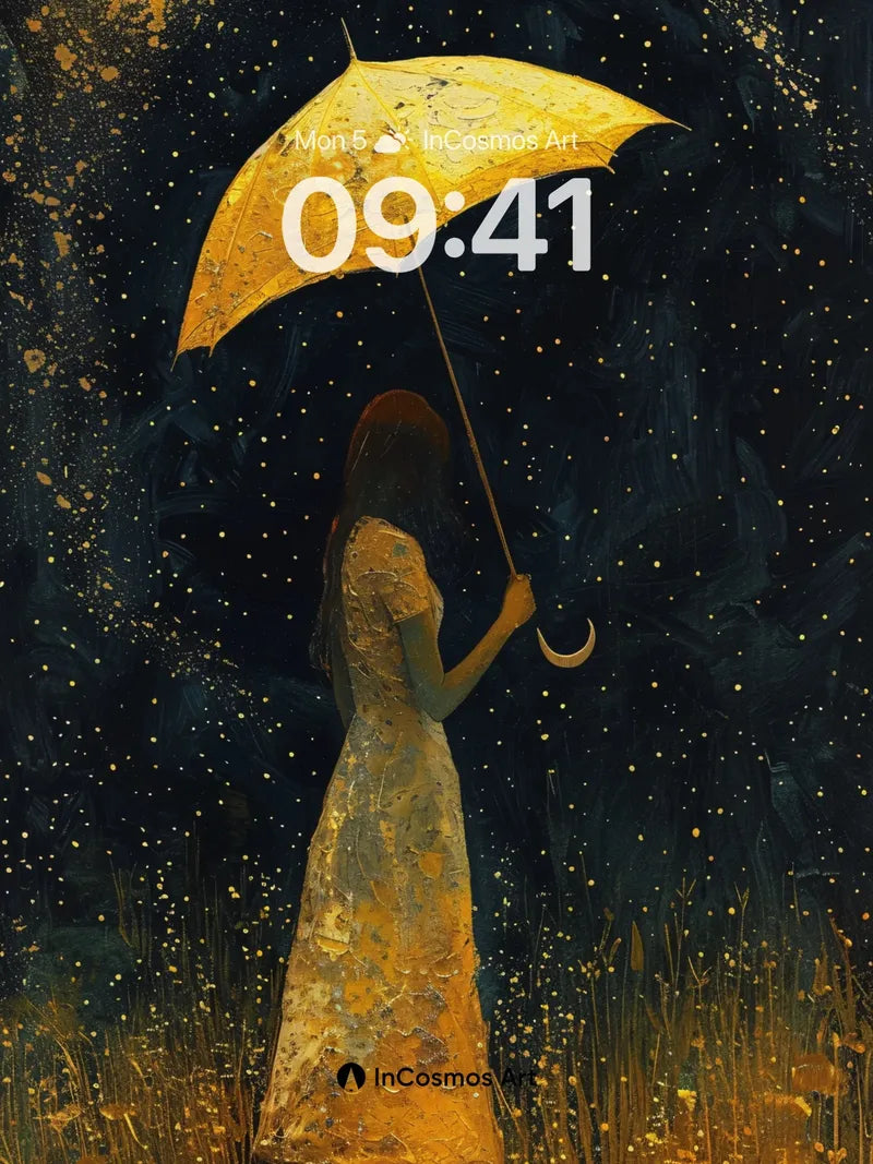 Golden Reverie Wallpaper with Starlit Umbrella