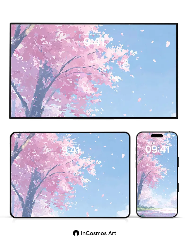 Serene Sakura Wallpaper with Floating Petals