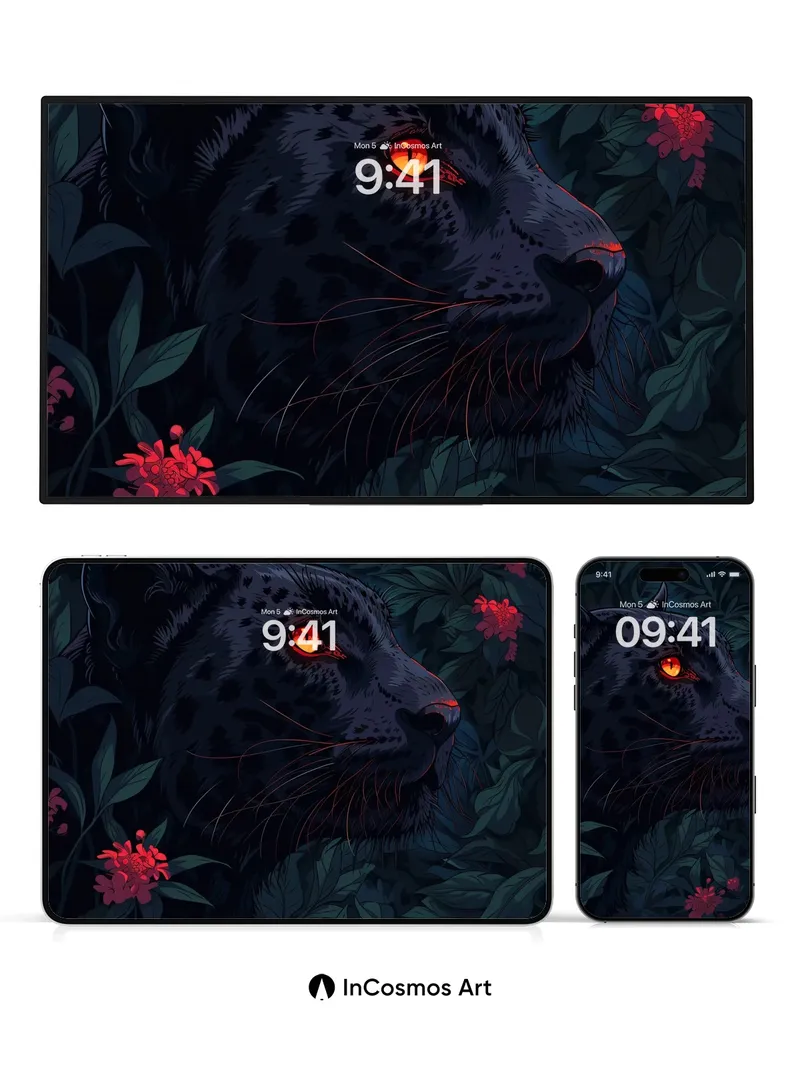 Obsidian Gaze Wallpaper with Crimson Blooms