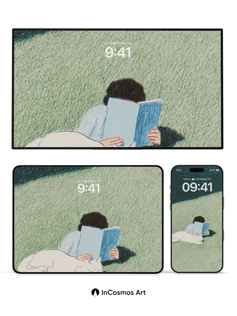 Serene Grassland Wallpaper with Sleeping Cat