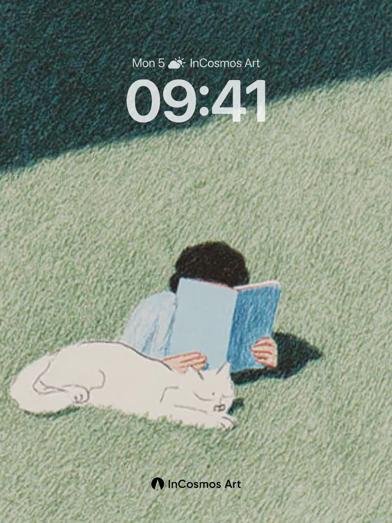 Serene Grassland Wallpaper with Sleeping Cat