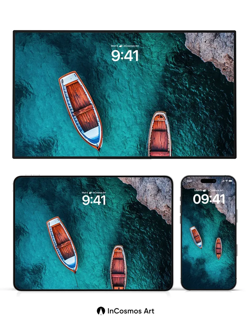 Sapphire Stillness Wallpaper with Drifting Canoes