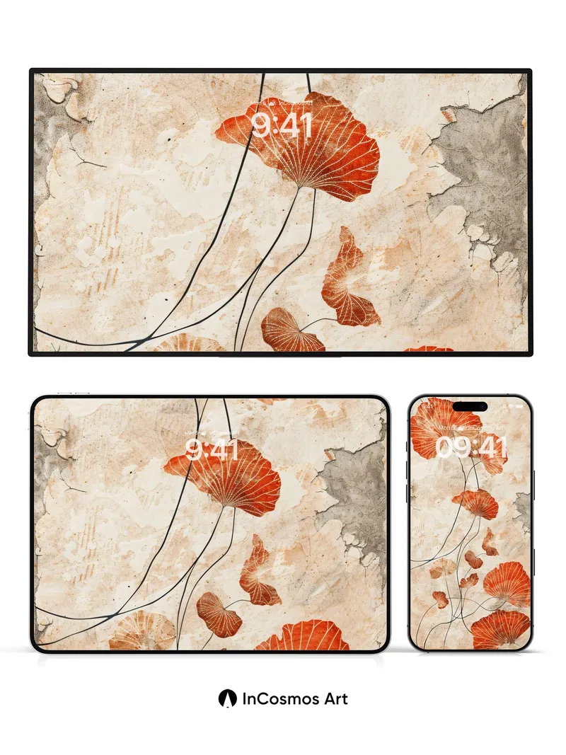 Autumn Whispers Wallpaper with Floating Leaves