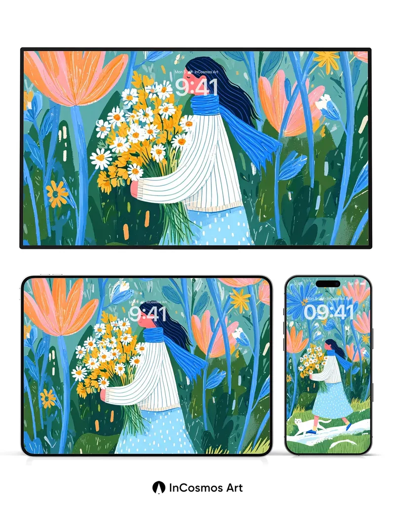 Whimsical Bloom Wallpaper with Feline Companion