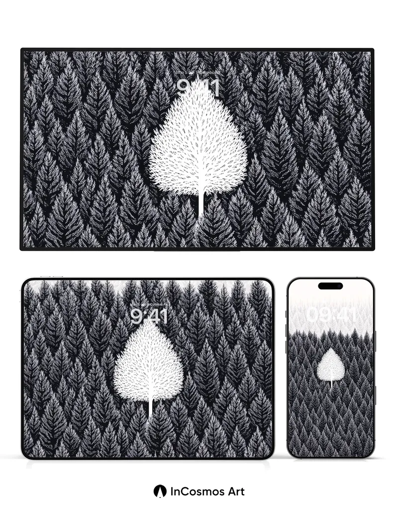 Silent Forest Wallpaper with Lone White Tree