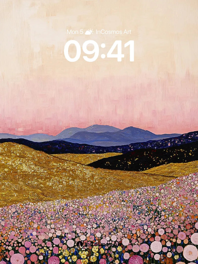 Golden Hour Floral Wallpaper with Distant Peaks wallpaper for iPhone, iPad & Mac