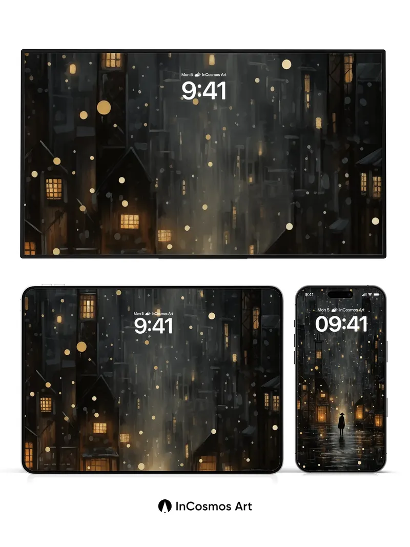 Rainlit Silence Wallpaper with Floating Embers