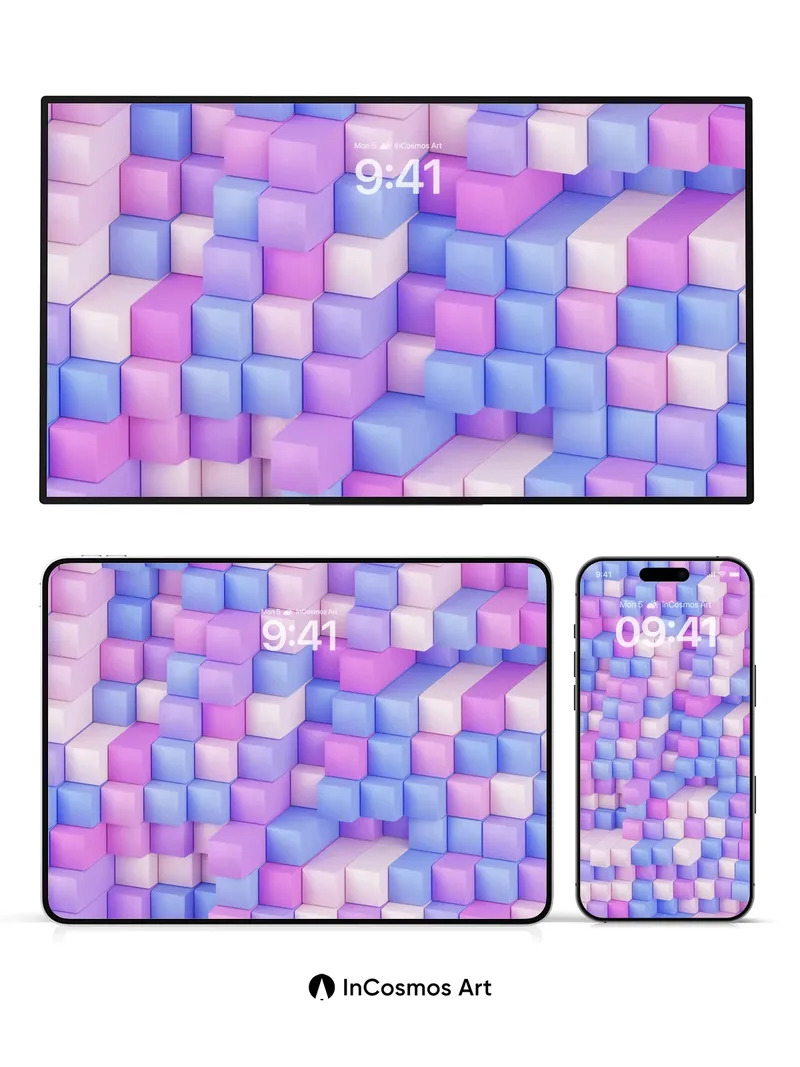 Lavender Grid Wallpaper with Floating Cubes