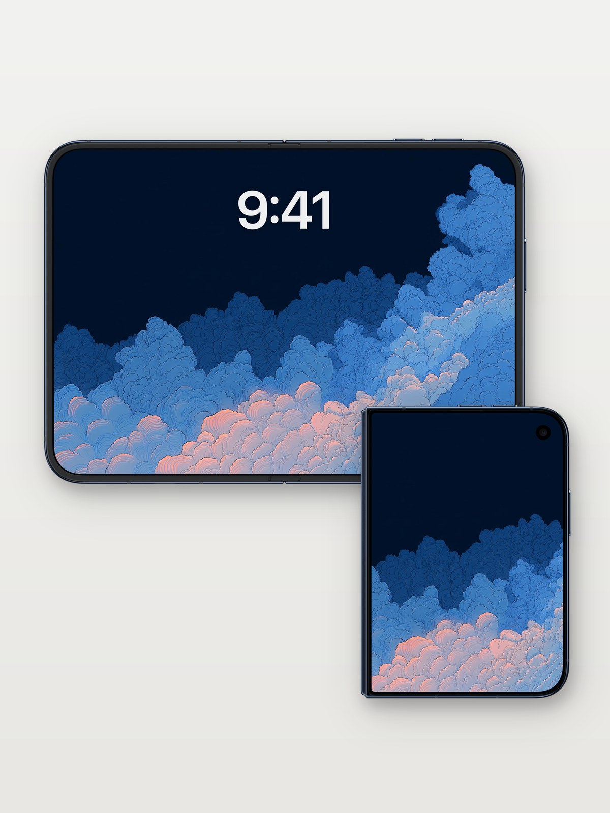 Dreamy Cloudscape Wallpaper on iPhone Duo, open and closed
