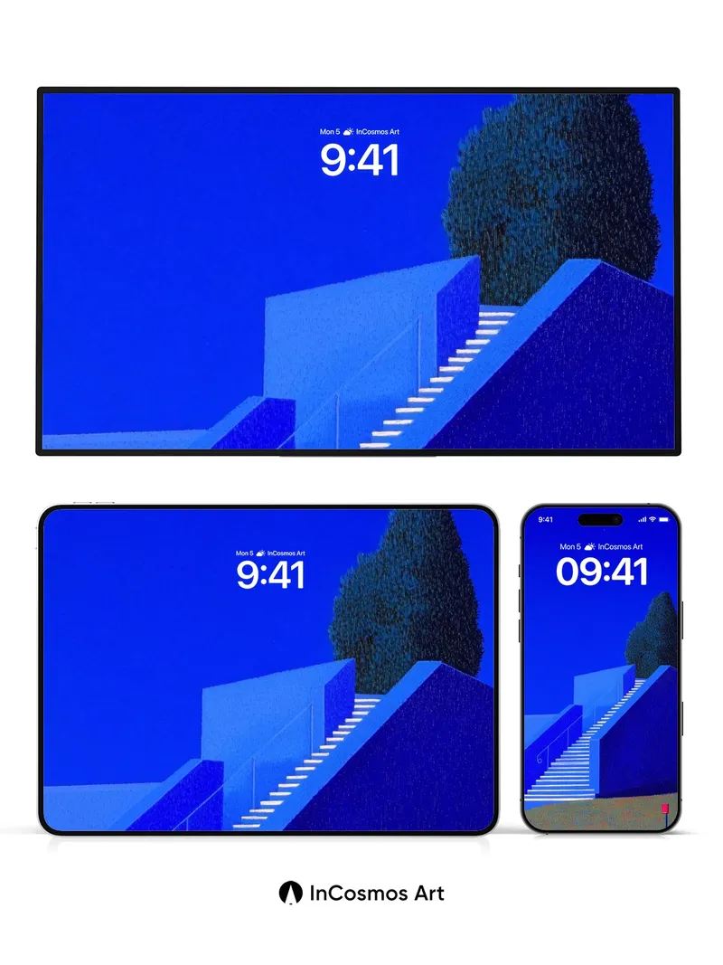 Cobalt Stairway Wallpaper with Silent Tree