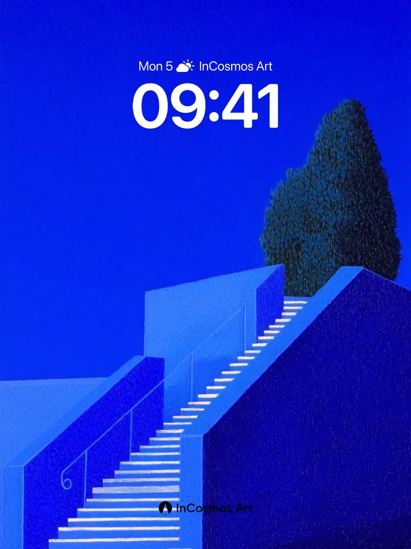 Cobalt Stairway Wallpaper with Silent Tree