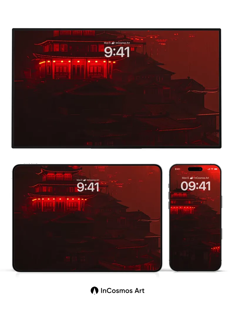 Crimson Reverie Wallpaper with Floating Temples