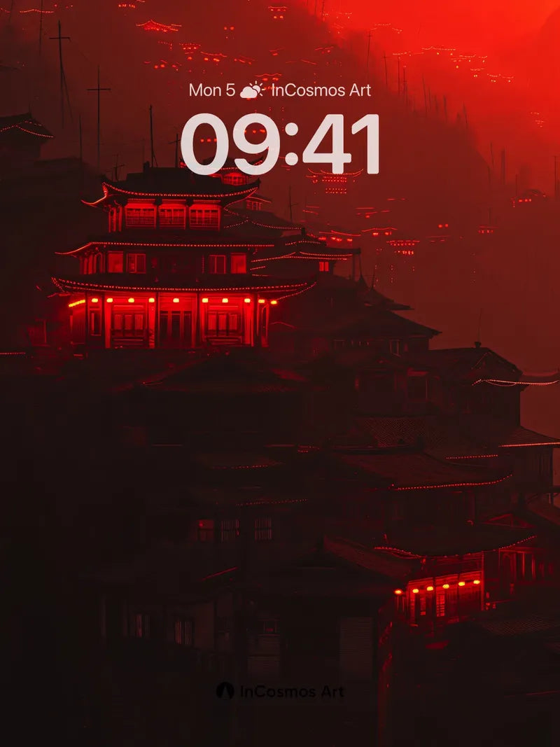 Crimson Reverie Wallpaper with Floating Temples