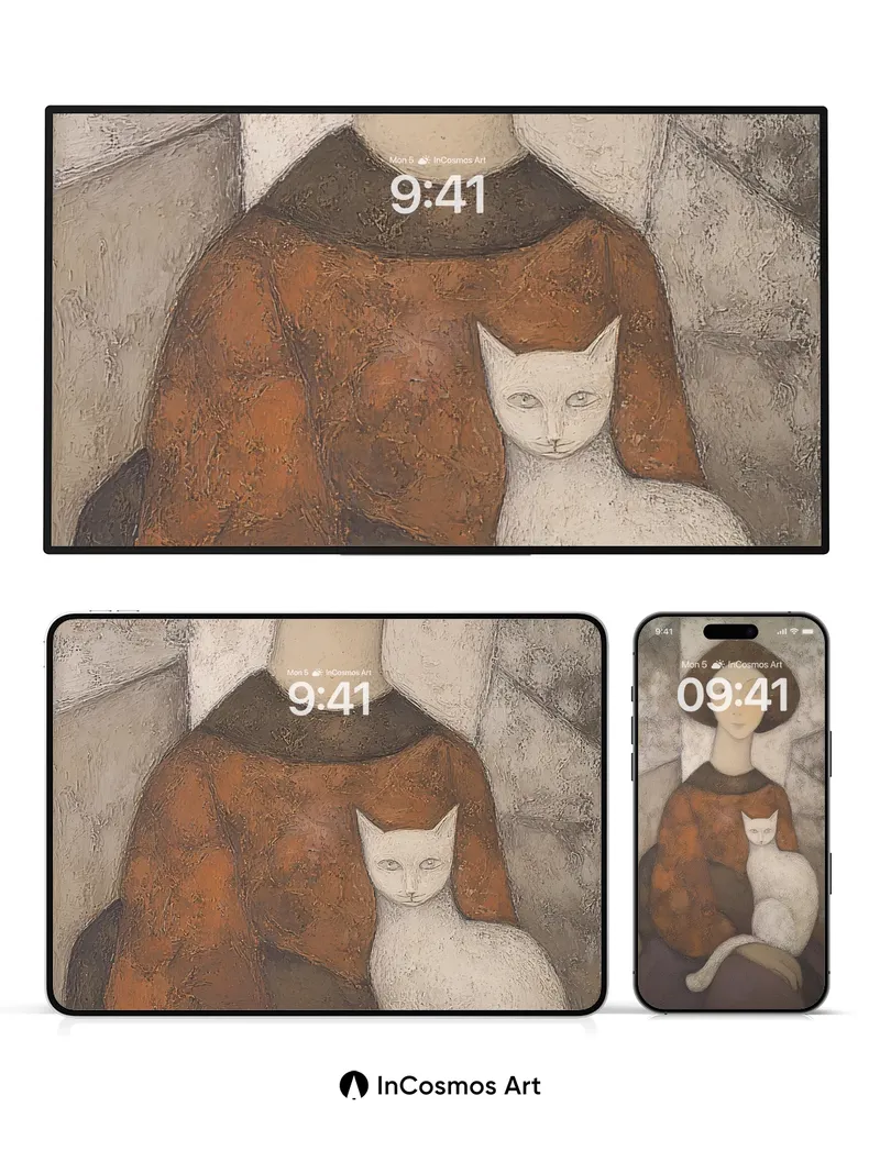 Serene Stillness Wallpaper with White Cat Embrace