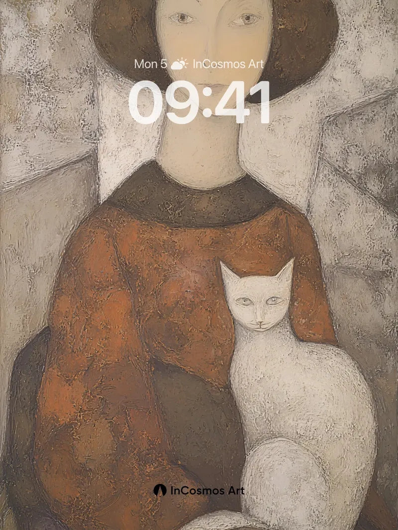 Serene Stillness Wallpaper with White Cat Embrace