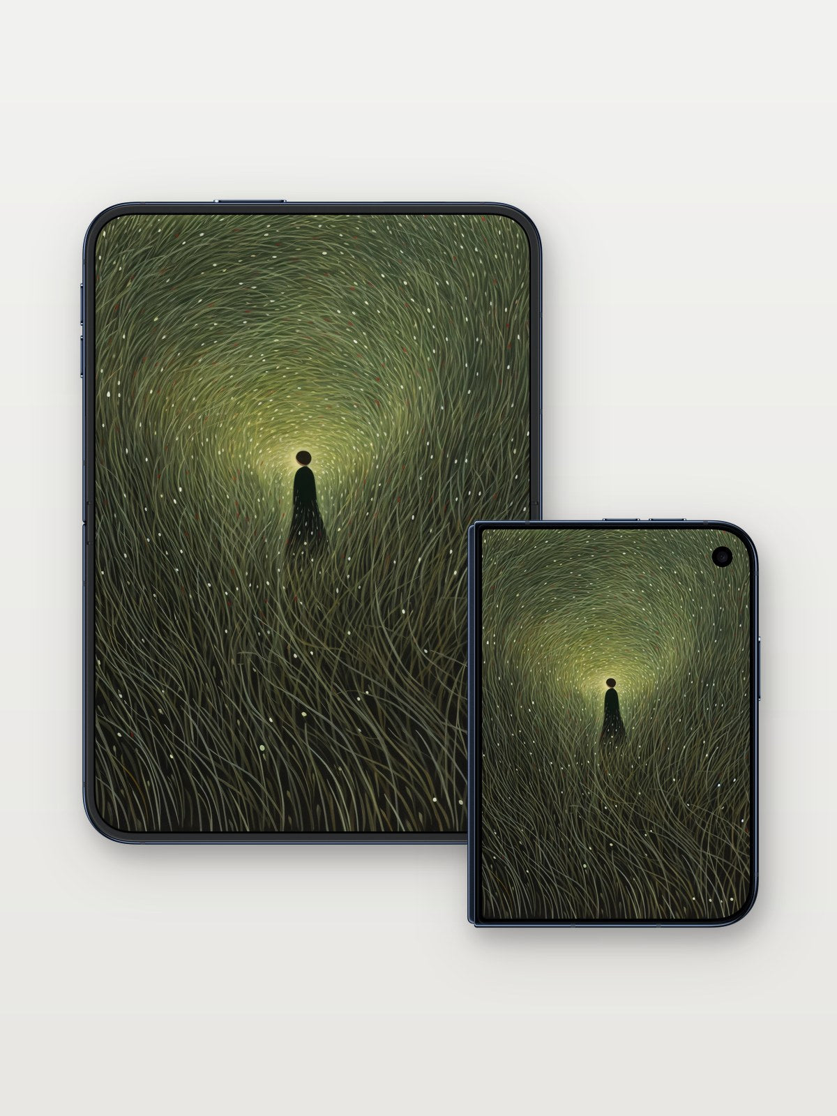 Whispering Tunnels Wallpaper with Starlight Threads on iPhone Duo, open and closed