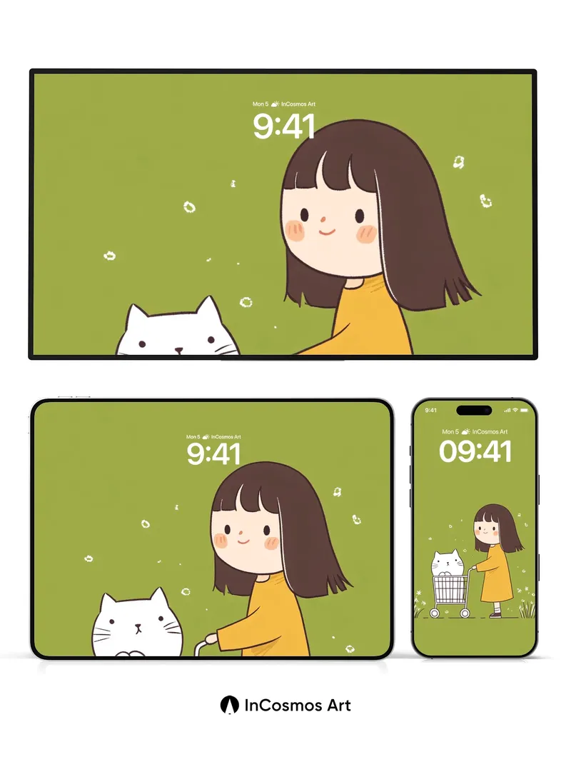 Whimsical Green Field Wallpaper with Cat in Cart