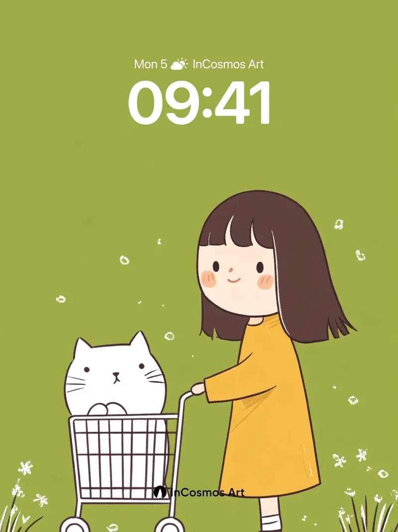 Whimsical Green Field Wallpaper with Cat in Cart