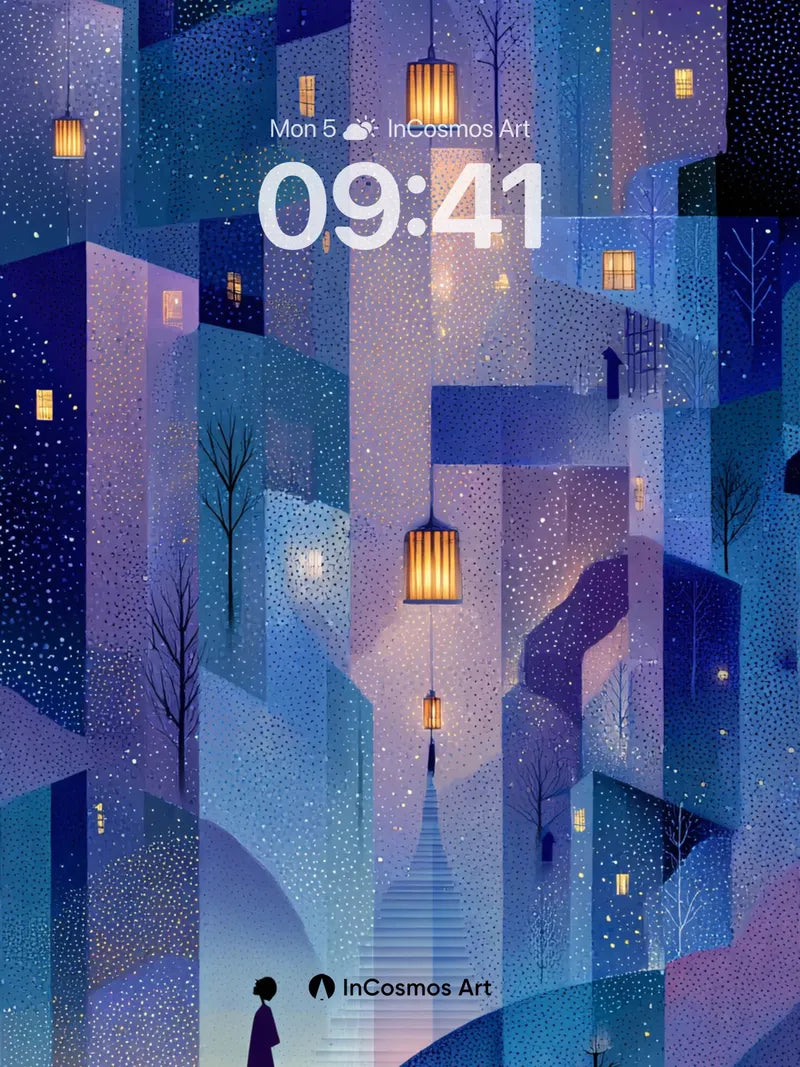 Stellar Stairway Wallpaper with Floating Lanterns